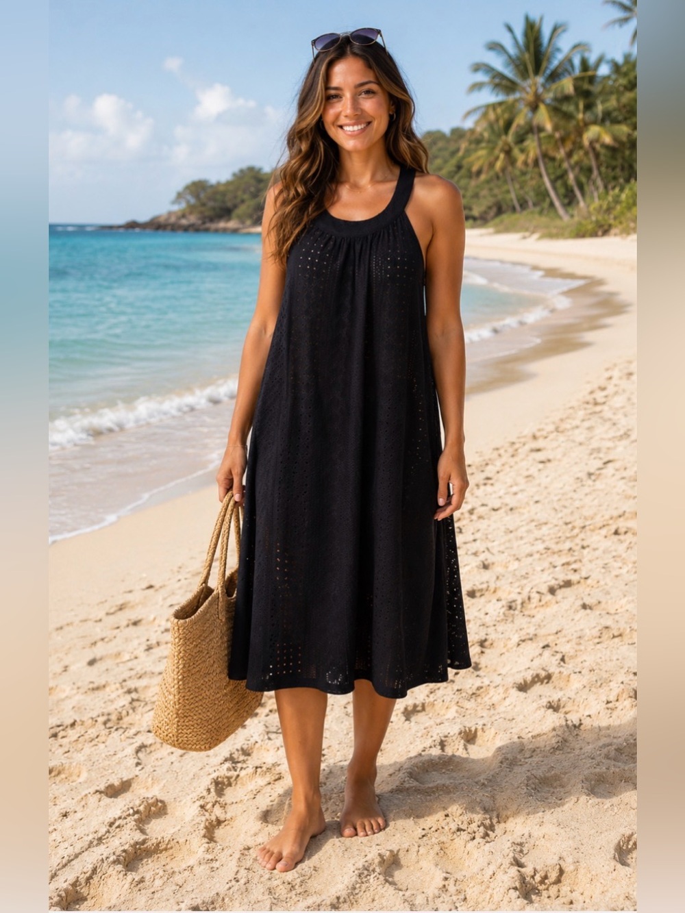 Navy Eyelet Racerback Swim Cover-Up Dress